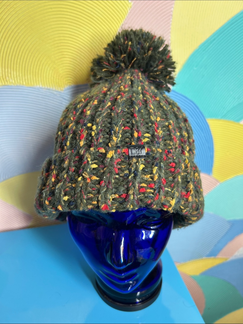 David and Young Olive Green Knit Pom Pom Beanie with Multicolor Flecks